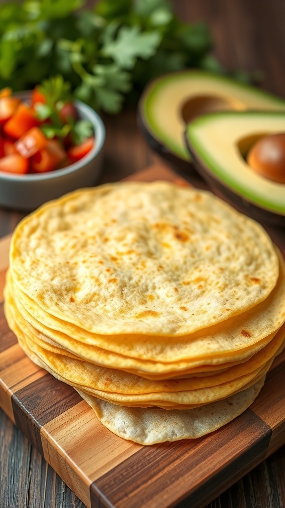 A stack of golden corn tortillas on a wooden board with fresh ingredients for tacos in the background.